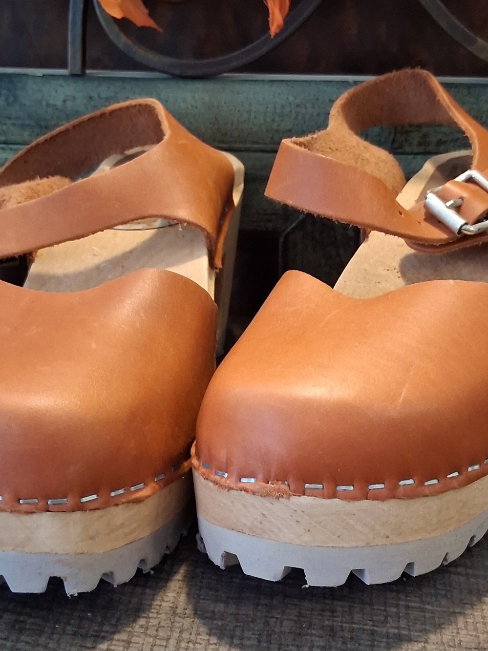 Women's Brown Leather Clogs with Ankle Strap
